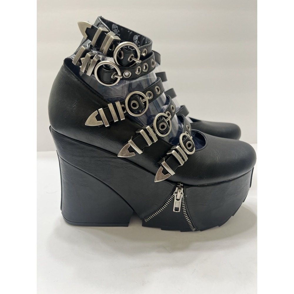 Lamoda Bedbound Black Platform Wedge Heels Silvertone Zippers Buckles Skulls 8